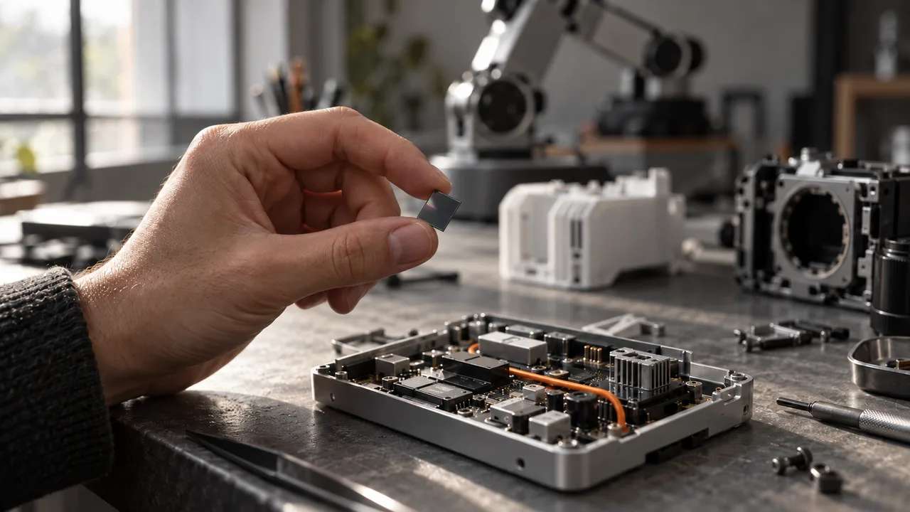 A hand holding a small bare chip above an open prototype board, a robot arm and camera parts on the bench behind