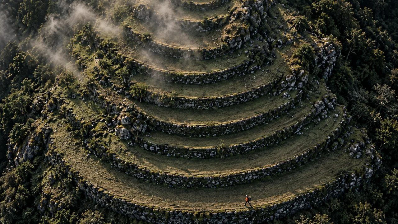 Stone terraces on a hillside seen from above, each step wider than the one above it, one person walking the widest