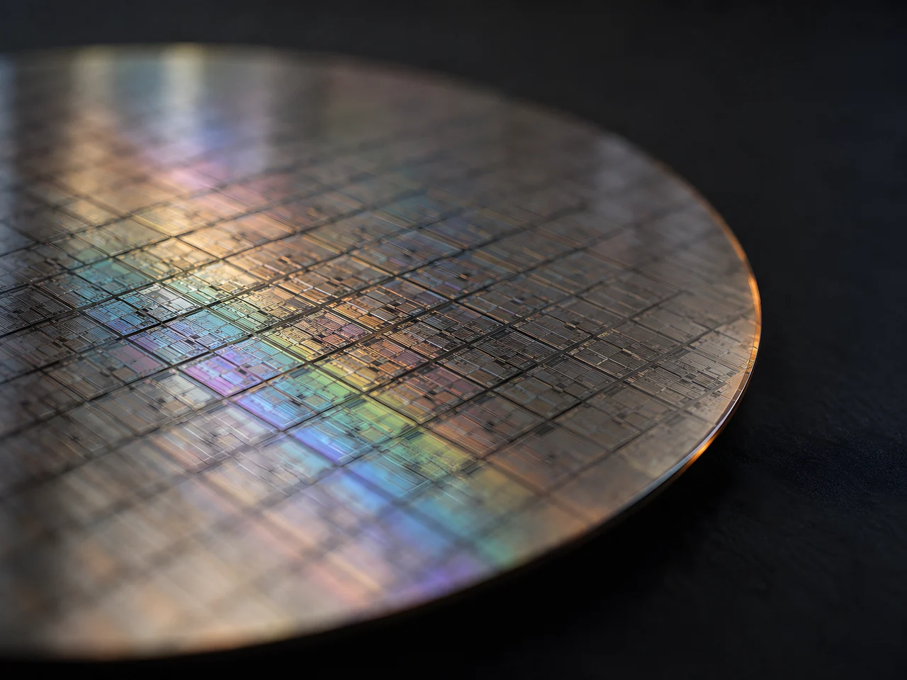 A silicon wafer with rows of patterned dies reflecting light