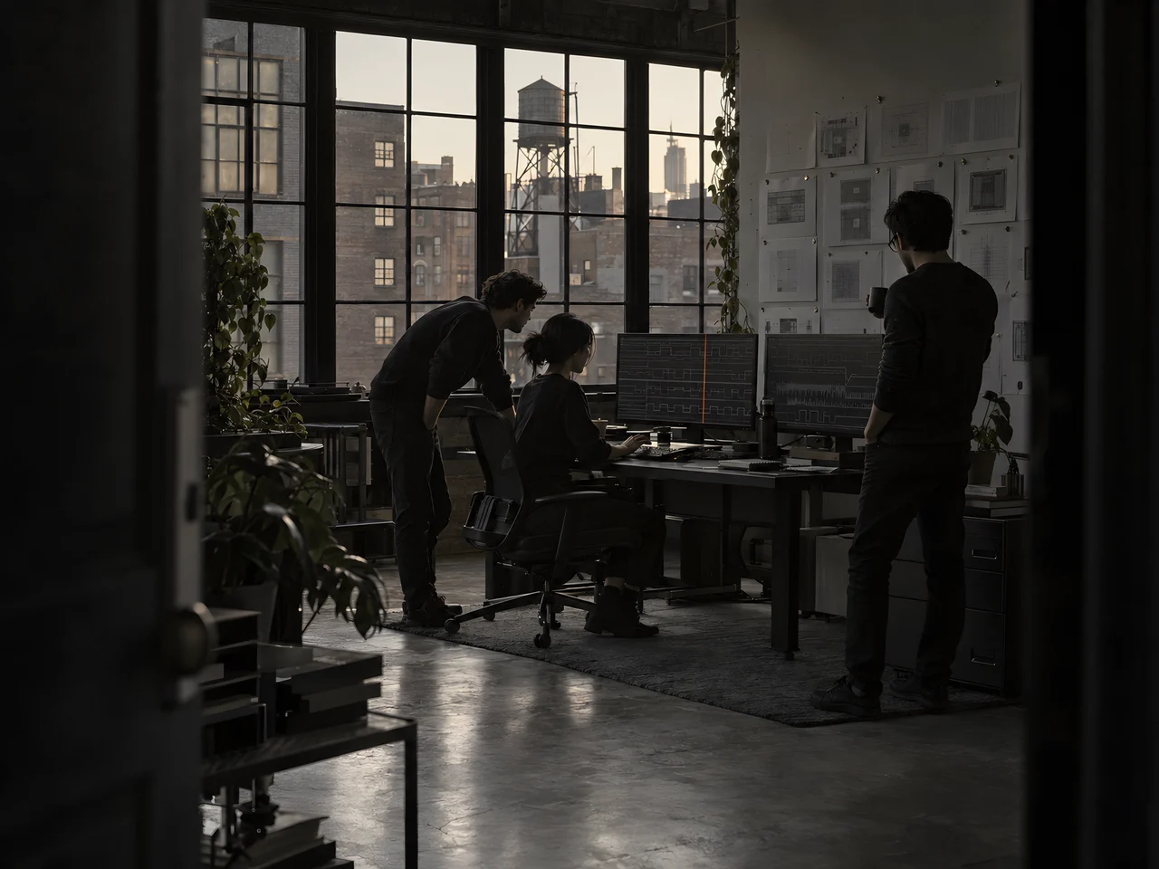 Three engineers at a desk in a loft studio with windows onto the city